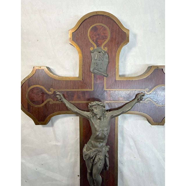 Wood Antique 1800's French Bronze Patinated Metal Inlaid Wood Wall Crucifix Cross For Sale - Image 7 of 12