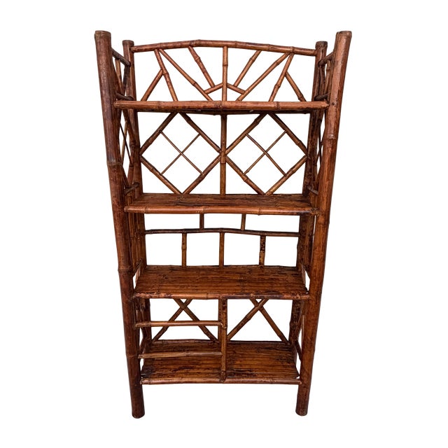 This striking vintage tortoiseshell bamboo etagere features four 23" x 9" tiers showcasing beautiful deeply scorched tiger...