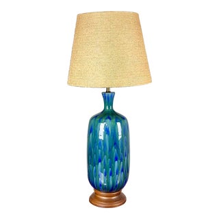 1960’s Mid Century Modern Large Blue Green Drip Glaze Ceramic Table Lamp For Sale