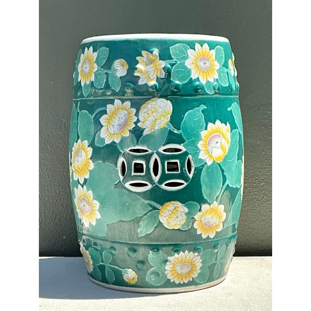Vintage Floral Glazed Ceramic Low Stool For Sale - Image 11 of 12
