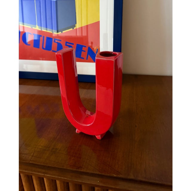 Space Age Red U Letter Shaped Ceramic Solifleur Vase, Marcel Radureau Ca. 1970 For Sale - Image 10 of 12