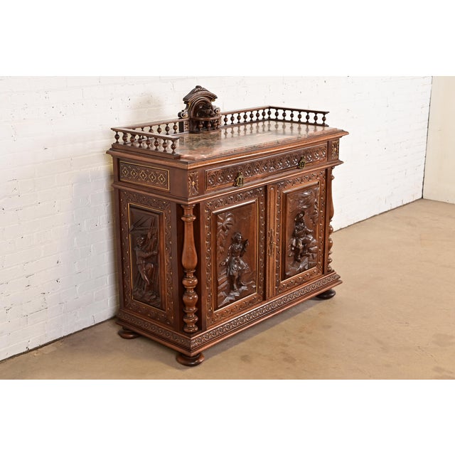 R. J. Horner & Co. Antique Italian Renaissance Revial Carved Walnut and Marble Top Sideboard or Bar Cabinet, Circa 1890s For Sale - Image 4 of 16