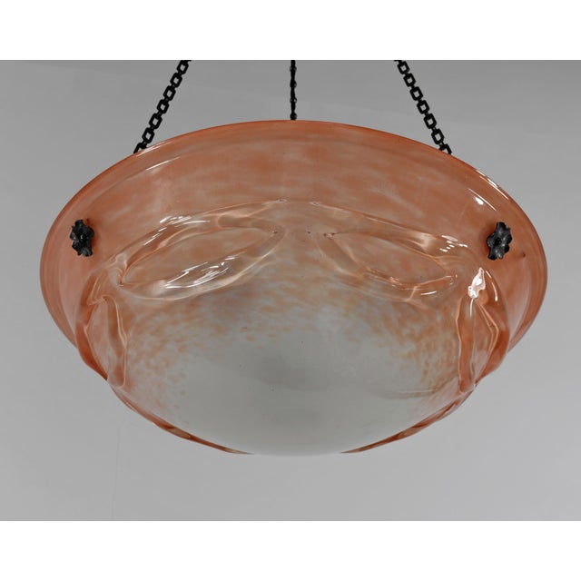 Metal French Art Deco Pendant Light by Le Verre Francais Schneider - 1930 Chandelier France For Sale - Image 7 of 11