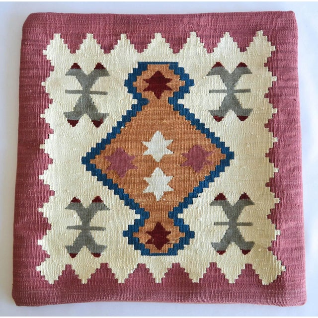 Hand Woven Silk Pillow Cover Traditional Turkish Kilim Pattern Throw Pillow - 16″ X 16″ For Sale - Image 4 of 6