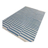 Handmade Cotton Striped Rug, Washed Blue and White Dhurrie - 14'x16' For Sale