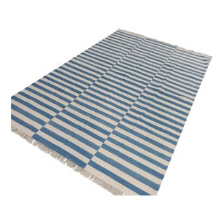 Handmade Cotton Striped Rug, Washed Blue and White Dhurrie - 14'x16' For Sale