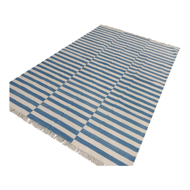 Handmade Cotton Striped Rug, Washed Blue and White Dhurrie - 14'x16' For Sale