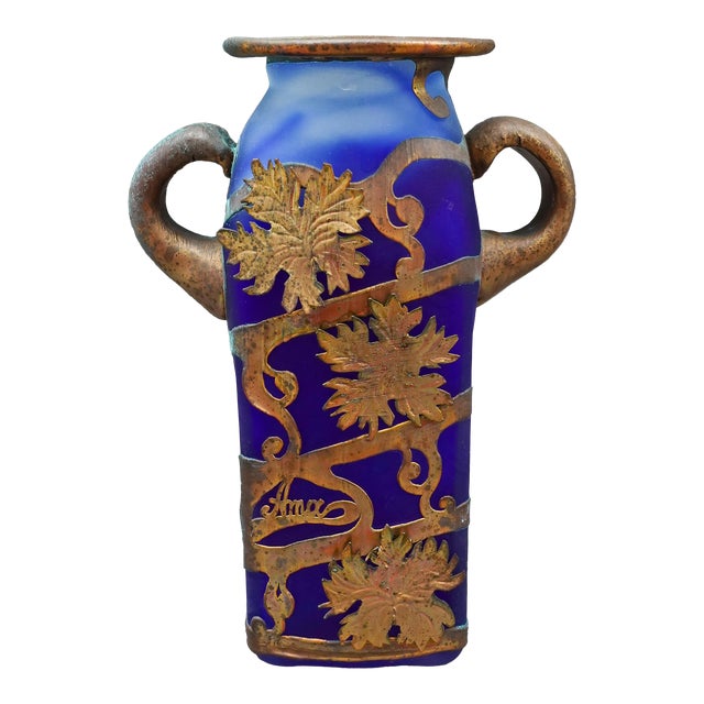 Mid 20th Century Anca Podaru Ama Romanian Copper Overlay Handled Art Glass Nouveau Vase For Sale