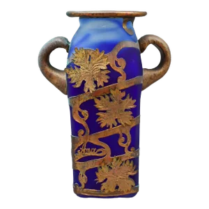 Mid 20th Century Anca Podaru Ama Romanian Copper Overlay Handled Art Glass Nouveau Vase