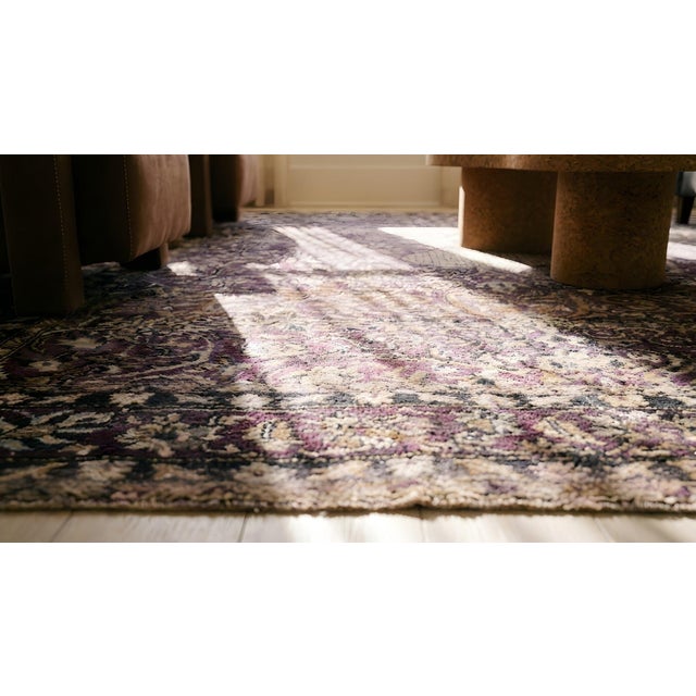 Great Eggplant Purple Background and Detail of Rossette Floral Border Geometric Design Antique Persian Silk Kashan by Kazan For Sale - Image 16 of 18