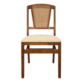 Vintage Stakmore Cane-Back Wood Folding Chair With Neutral Upholstery For Sale