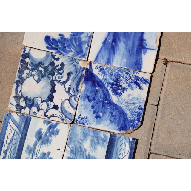 18th Century 18th Century Antique Portuguese Blue & White Tiles With Floral Cartouche and Landscape Motifs Set of 6 For Sale - Image 5 of 8