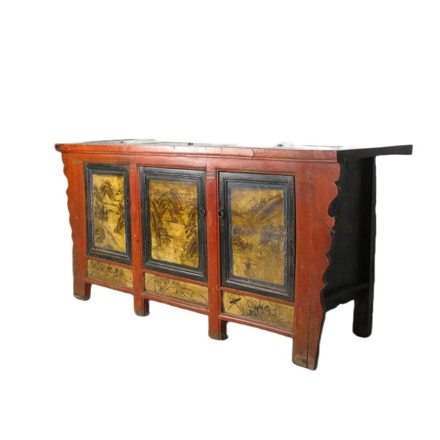Chinese Late 19th Century Hand Painted 78" Long Red Gansu Sideboard Cabinet For Sale - Image 3 of 13