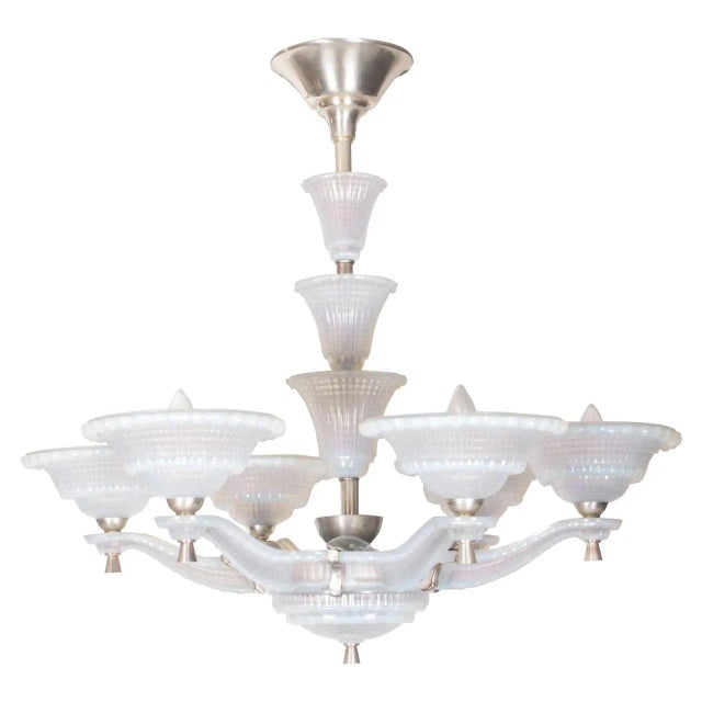 Opalescent Frosted Art Glass Six-Arm Chandelier Signed Ezan, 1935 For Sale - Image 11 of 11