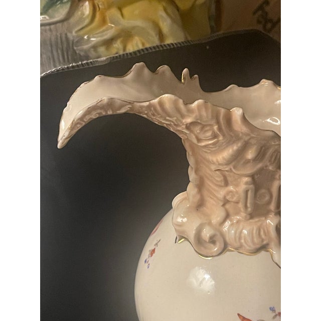 Victorian Antique Victorian Ewer Pitcher Hand Painted Florals Gold Trim 11" Ruffled #409 For Sale - Image 3 of 11