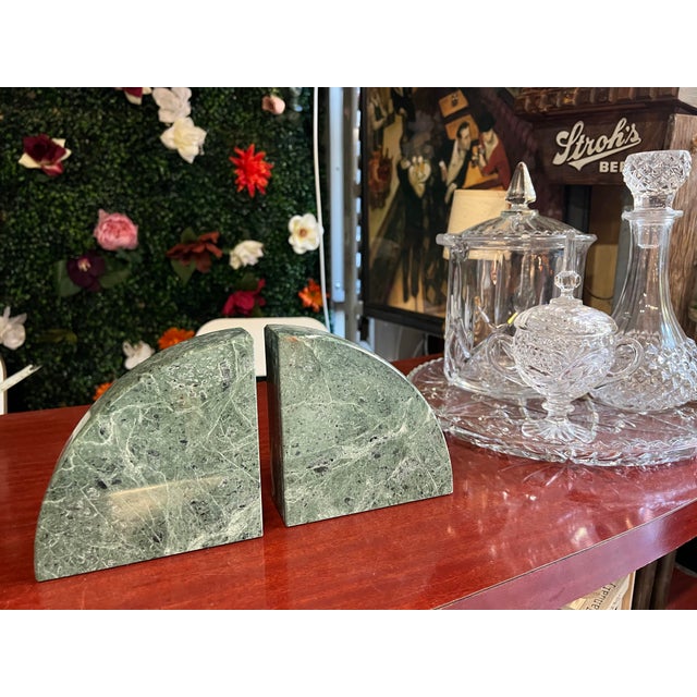 1970s Geometric Minimalist Green Marble Bookends Cpa Design For Sale - Image 4 of 8