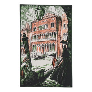 Robert Bonfils, Gondolas on the Grand Canal in Venice, Original Wood Engraving, 1923 For Sale
