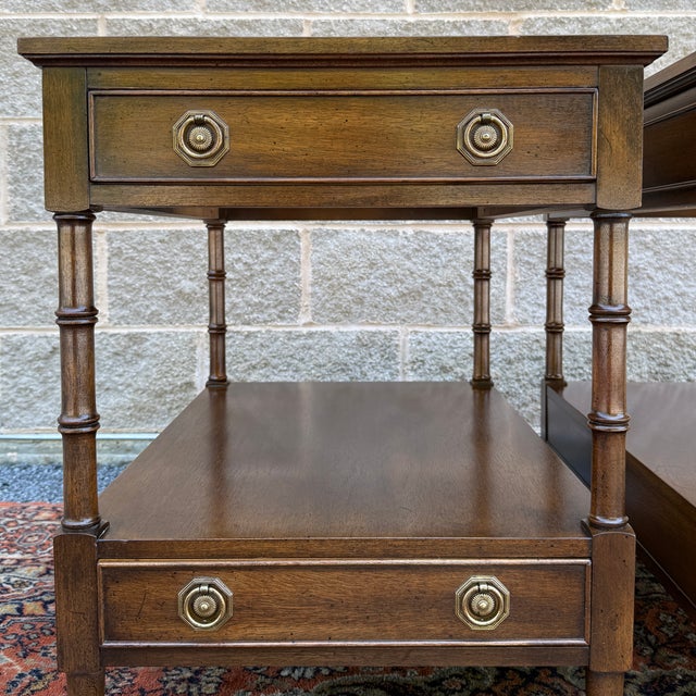 Hekman Furniture Vintage Hekman Traditional Regency Walnut 2 Drawer Tiered Cane Cut Side Tables - A Pair For Sale - Image 4 of 15