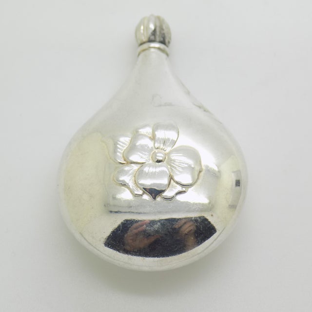 Italian Vintage Italian Handmade Genuine Silver Teardrop Shaped Perfume Bottle With Flower Design For Sale - Image 3 of 10