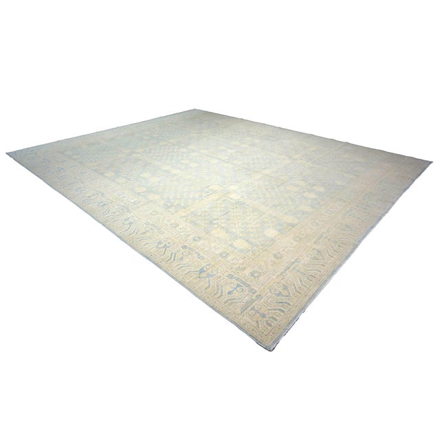 Early 21st Century Afghan Khotan Wool 11X14 Ivory & Blue Handmade Area Rug #1142201 For Sale - Image 5 of 8