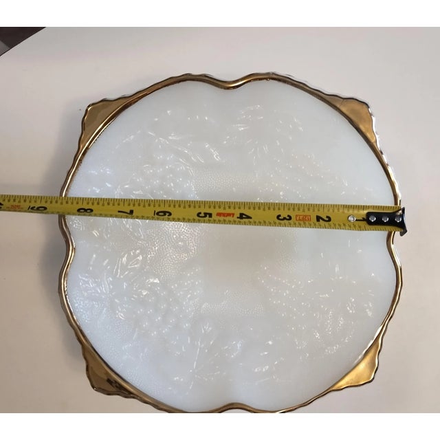 American Vintage Anchor Hocking White Milk Glass Bowl With Gold Rim Embossed Grapes For Sale - Image 3 of 6