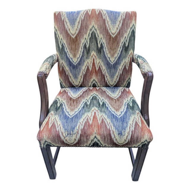 Vintage Schumacher Flamestitch Upholstered Federal Arm Chair For Sale