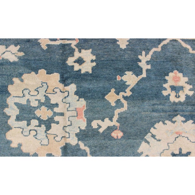 Large Turkish Oushak Rug With Dark Teal Blue Background & Ice Blue Border For Sale - Image 9 of 12