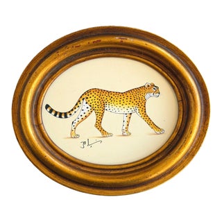 Original Hand-Painted Leopard Painting in a Vintage Oval Frame For Sale