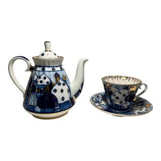 Vintage Imperial Porcelain Church Bells Tea Set 3 Pc LFZ Lomonosov Teapot, Cup, Saucer For Sale