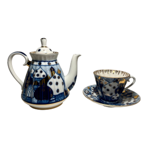 Vintage Imperial Porcelain Church Bells Tea Set 3 Pc LFZ Lomonosov Teapot, Cup, Saucer