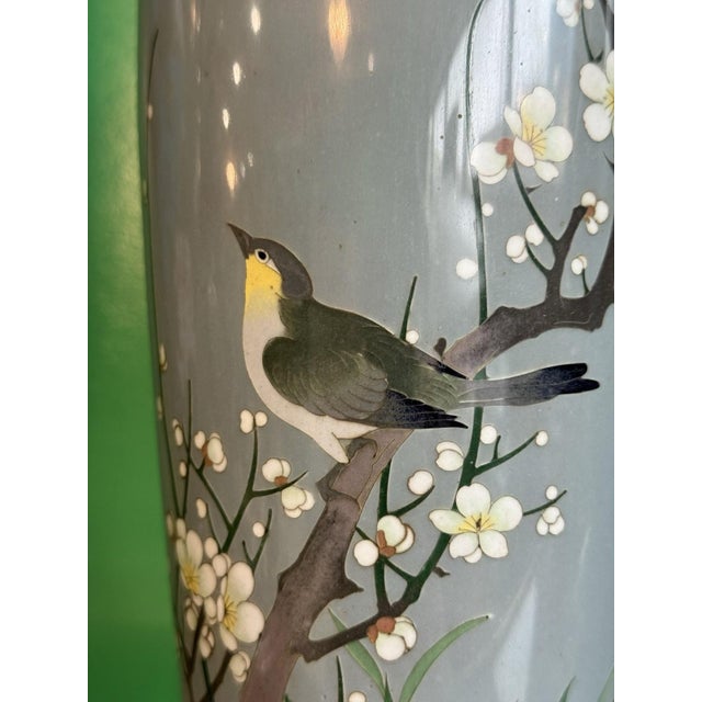 Paint Ando Japanese Cloisonne Enamel Vase Bird Plum Blossoms Bamboo Silver Gray Ground For Sale - Image 7 of 12