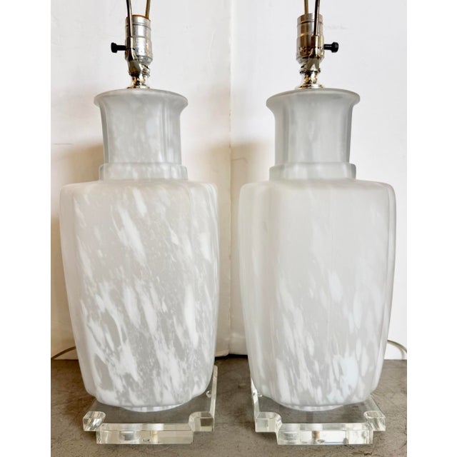 1980s Frosted Mottled Murano Style Glass Table Lamps - A Pair For Sale - Image 9 of 9