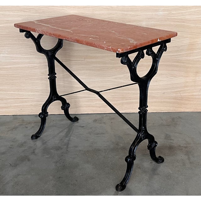 1900 - 1909 French Solid Cast Iron French Scrolling Bistro Table With Pink Marble Top For Sale - Image 5 of 11