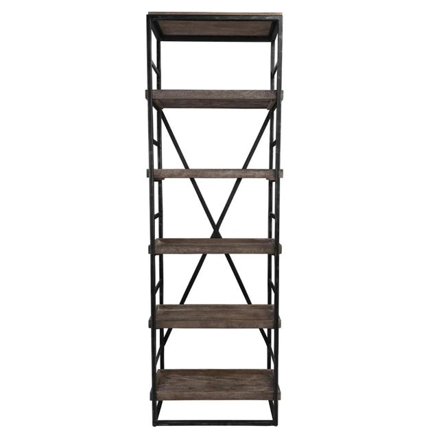 Tall display shelf featuring six hand-distressed mango wood tray-style shelves supported by a sturdy black iron frame with...