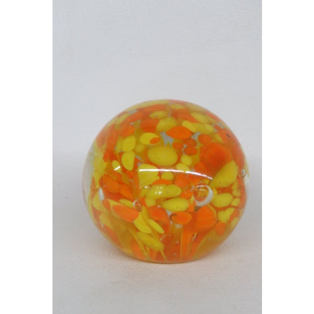 Art Glass Paperweight Controlled Bubble With Yellow and Orange Speckles 4519b For Sale - Image 4 of 9