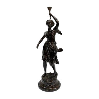 Bronze Woman with Torch by Rousseau, Late 19th Century For Sale