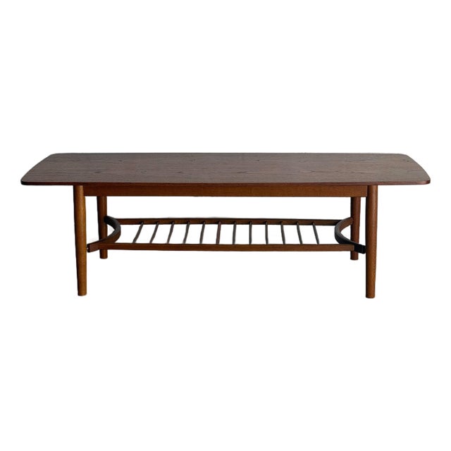 Teak Coffee Table With Slatted Lower Shelf and Tapered Legs Denmark 1960s For Sale