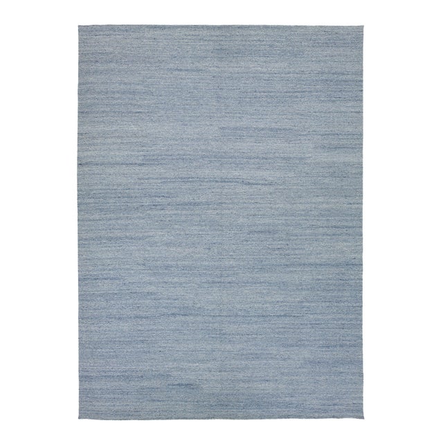 Scandinavian Style Solid Blue Flat Weave Rug - Minimalist & Reversible Design For Sale