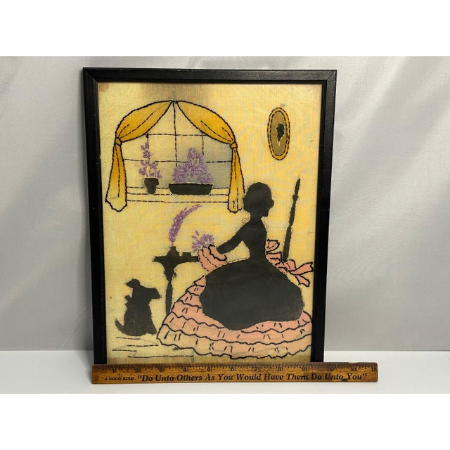 Mid 20th Century Folk Art Silk Embroidery Picture: Woman & Dog Silhouette in Frame For Sale - Image 6 of 6
