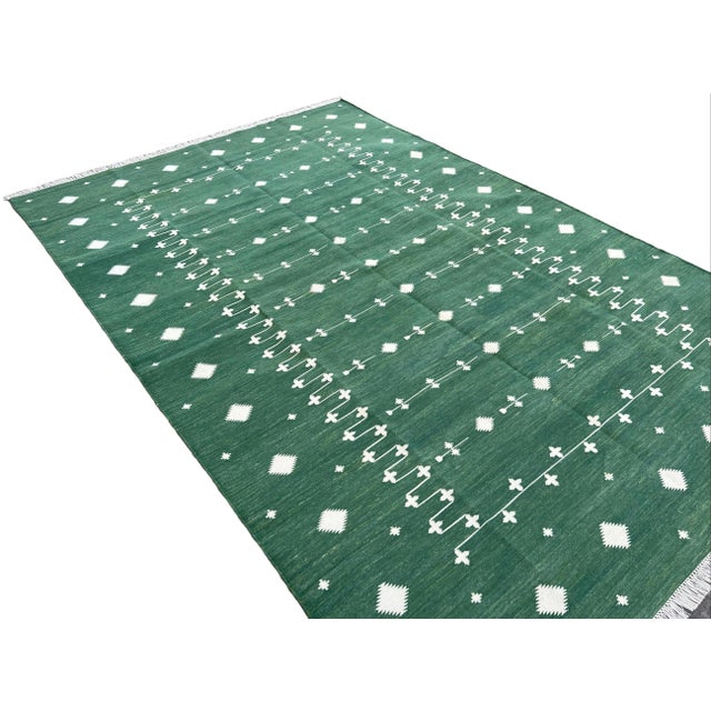 Forest Green Handmade Cotton Vegetable Dyed Forest Green and White Shooting Star Rug - 9'x12' For Sale - Image 8 of 11