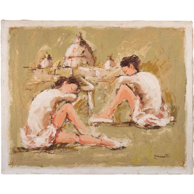 Franco Marzilli, Ballerinas with Saint Peter (Rome) on the Background, 1970s, Oil on Canvas For Sale