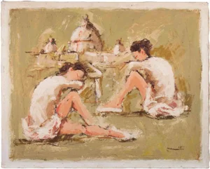 Franco Marzilli, Ballerinas with Saint Peter (Rome) on the Background, 1970s, Oil on Canvas
