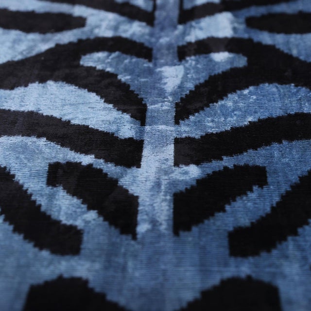 Textile Blue Black Zebra Silk Velvet Pillow – 16x16 Handmade Ikat Cushion For Sale - Image 7 of 9