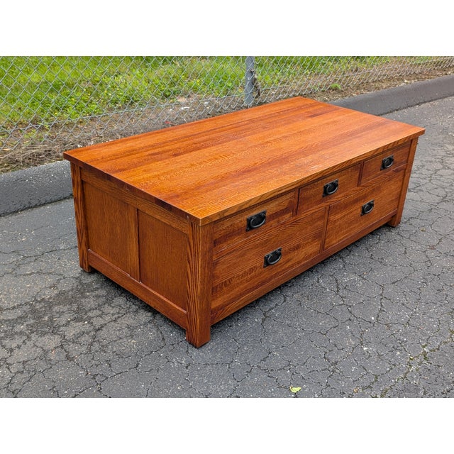 Tiger Oak Mission Style Coffee Table With Cedar Lined Drawers For Sale - Image 9 of 17