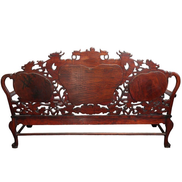 Wood Exquisite 20th-Century Chinese Carved Rosewood & "Dream-Stone" Marble Settee For Sale - Image 7 of 12