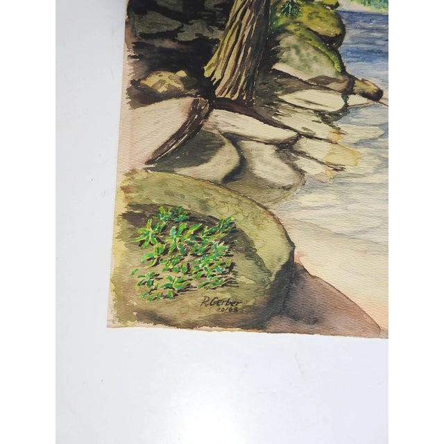 Vintage mid century watercolor on paper rocky sea coast painting. Signed R. Gerber lower left corner. Unframed, age...