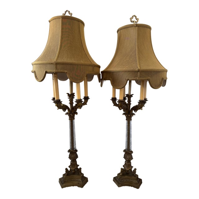 Mid 20th Century French Empire Gilt Bronze 5-Light Candelabra Lamps W/John Richard Shades For Sale