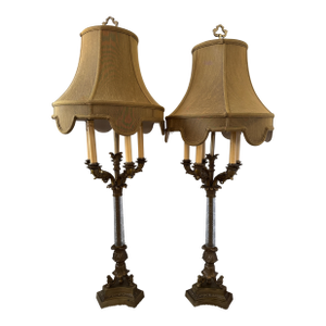Mid 20th Century French Empire Gilt Bronze 5-Light Candelabra Lamps W/John Richard Shades
