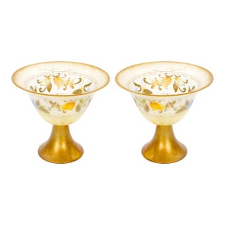 Pair of Mid-Century Modern Italian Venetian Art Glass Gilt & Painted Compotes For Sale