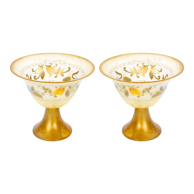 Pair of Mid-Century Modern Italian Venetian Art Glass Gilt & Painted Compotes For Sale